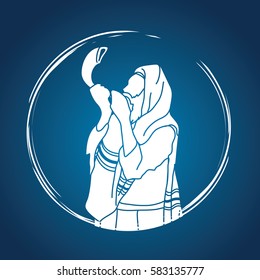 Jew blowing the shofar sheep horn graphic vector.