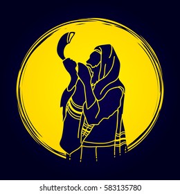 Jew blowing the shofar sheep horn on moonlight background graphic vector.