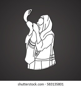 Jew blowing the shofar sheep horn graphic vector.
