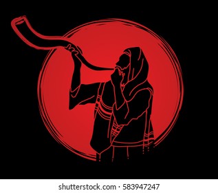 Jew blowing the shofar sheep kudu horn on sunrise background graphic vector.