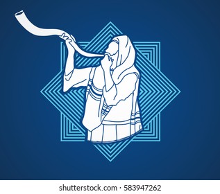 Jew blowing the shofar sheep kudu horn on line square background graphic vector.