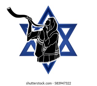 Jew blowing the shofar sheep kudu horn on Israel star background graphic vector.