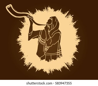 Jew blowing the shofar sheep kudu horn on grunge frame background graphic vector.