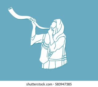 Jew blowing the shofar sheep kudu horn graphic vector.