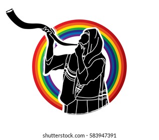 Jew blowing the shofar sheep kudu horn on rainbows background graphic vector.