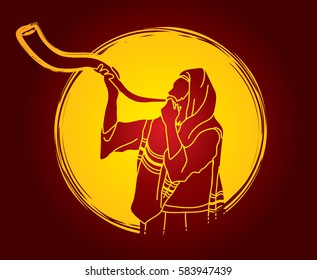 Jew blowing the shofar sheep kudu horn on moonlight background graphic vector.