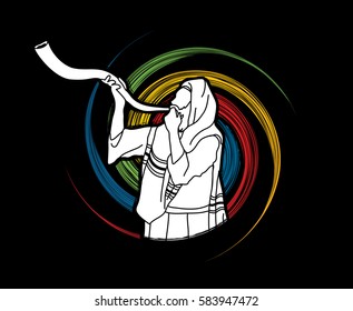 Jew blowing the shofar sheep kudu horn on spin wheel background graphic vector.