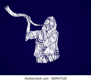 Jew blowing the shofar sheep kudu horn graphic vector.