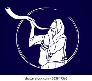 Jew blowing the shofar sheep kudu horn graphic vector.