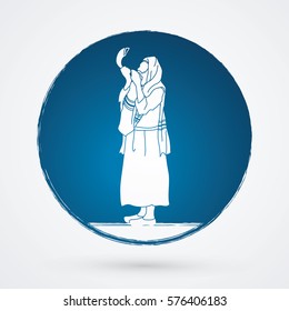 Jew blowing the shofar side view designed on grunge circle background graphic vector.