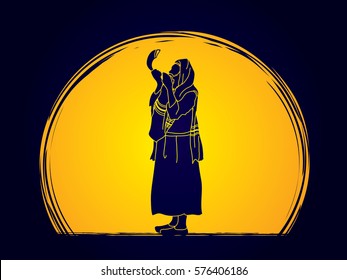 Jew blowing the shofar side view designed on moonlight background graphic vector.
