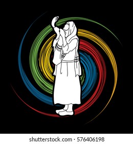 Jew blowing the shofar side view designed on spin wheel background graphic vector.