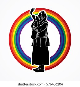 Jew blowing the shofar side view designed on rainbows background graphic vector.