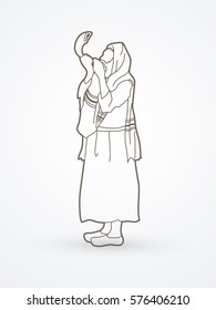 Jew blowing the shofar side view outline graphic vector.