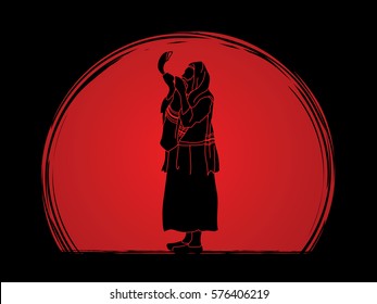 Jew blowing the shofar side view designed on sunrise background graphic vector.