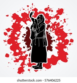 Jew blowing the shofar side view designed on splatter ink background graphic vector.