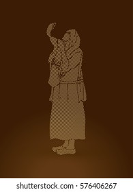 Jew blowing the shofar side view designed using dots pixels graphic vector.