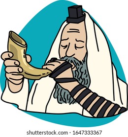 Jew blowing at traditional Shofar for Rosh Hashanah. Old jewish man with beard, Tefillin and Tallit. On background. With black outline.