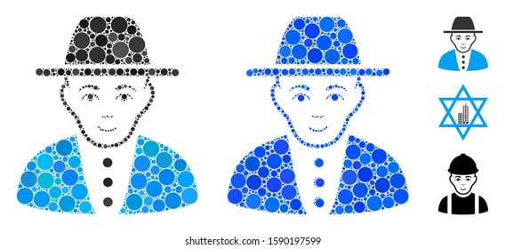 Jew composition of spheric dots in variable sizes and color tinges, based on jew icon. Vector round dots are composed into blue composition. Dotted jew icon in usual and blue versions.