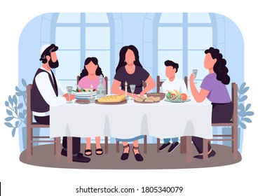 Jew culture 2D vector web banner, poster. Parents and children eat food at table. Jewish family flat characters on cartoon background. Traditional dinner printable patch, colorful web element