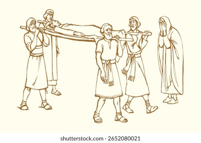 Cultura judaica triste tristeza crença cara amigo cuidado paciente ir última fé chorar chorar rezar senhor deus. Desenhado à mão esboço retro arte mentira morrer menino filho segurar enterrar levantar vida menina sepultura túmulo caixão história milagre