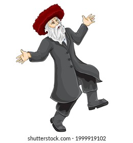 Jew In Hasidic Hat Dancing And Rejoicing At Something, Isolated Object On White Background, Vector Illustration, Eps