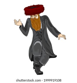 jew in hasidic hat dancing and rejoicing at something, isolated object on white background, vector illustration, eps