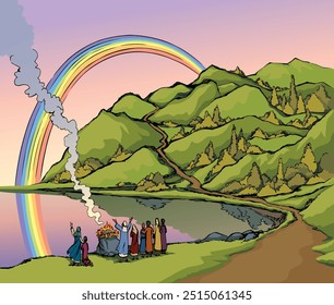 Nuevo sacerdote de la tribu humana pie de roca campo de primavera árbol de madera tierra estanque mar costa vista del cielo escena. Dibujado a mano arte de dibujos animados retro agua oscura arco iris inundación judío génesis ley historia fe ritual oveja vaca