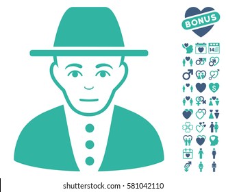 Jew icon with bonus romantic images. Vector illustration style is flat iconic cobalt and cyan symbols on white background.