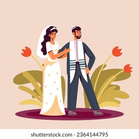 Jew and Jewess in wedding attire stand together. Jewish wedding concept. Beautiful traditional wedding couples in park. Vector illustration in cartoon style in pink colors