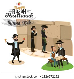 Jew man in traditional clothes holding red apple and glass with wine Jewish New Year, father reading son Haggadah on Rosh Hashanah holiday, Jew prays at the Wailing Wall vector illustration isolated