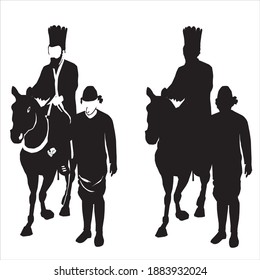 The Jew Mordechai rides a horse, and the evil Haman drags him. A scene from the Book of Esther called on the Jewish holiday - Purim.
Black vector silhouette on a white background