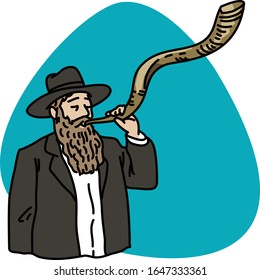 Jew playing on traditional Shofar for Rosh Hashanah. Senior Jewish man with beard, traditional hat and suit. On background. With black outline.
