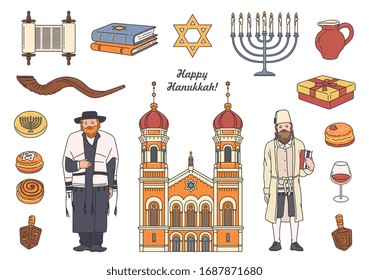 Jew symbol set - traditional Jewish food, church, clothes and religious objects isolated on white background. Flat vector illustration of judaism culture