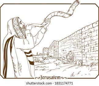 Judíos en la luz del sol soplando el shofar de Rosh Hashanah. Ilustración de dibujo manual.