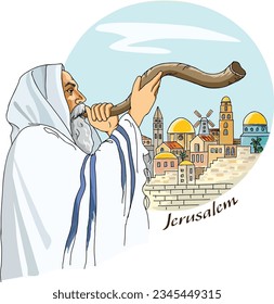 Jew in tallit blowing the shofar of Rosh Hashanah. Hand drawing illustration.