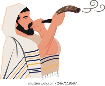 A Jew in a tallit blows a shofar, for any holiday