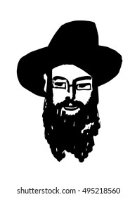 Jew in traditional hat hand drawn sketch. A man with black curly hair faint mustache and goatee