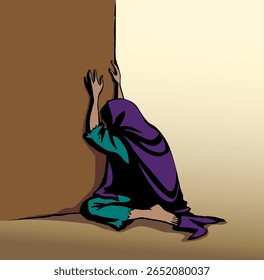Jew veil lone tired lost needy grief lady fail sit weep ask beg god  help poverty eastern street home house. Hand drawn alone young ill sick east Arabian male guy Islam Jewish widow retro biblical art