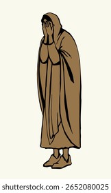 Jew veil shawl lone needy grief upset lady Mary weep ask beg god Jesus Christ help poverty hope sky. Hand drawn alone young age ill sick east Saudi Arabian male guy need Islam faith widow Israel art