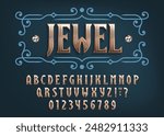 Jewel alphabet font. 3d golden letters and numbers with diamond inlays. Stock vector typeface for your design.