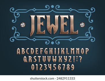 Jewel alphabet font. 3d golden letters and numbers with diamond inlays. Stock vector typeface for your design.