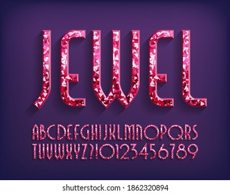 Jewel Alphabet Font. 3D Ruby Letters And Numbers. Stock Vector Typography For Your Design.