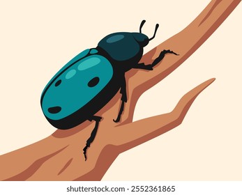 Jewel Beetle on a Branch: Um besouro azul vibrante com sotaques pretos se agarra a um galho, sua concha iridescente pegando a luz.