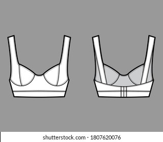 Jewel cropped bustier top technical fashion illustration with wide shoulder strap, flattering curved molded cups, close fit. Flat template front, back, white color. Women men unisex shirt CAD mockup