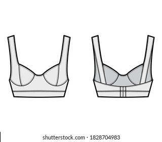 Jewel cropped bustier top technical fashion illustration with wide shoulder strap, flattering curved molded cups, close fit. Flat apparel template front, back grey color. Women unisex shirt CAD mockup