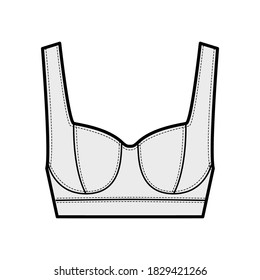 Jewel cropped bustier top technical fashion illustration with wide shoulder strap, flattering curved molded cups, close fit. Flat apparel template front, grey color. Women men unisex shirt  mockup