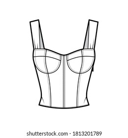 Jewel cropped shirred corset-style smocked top technical fashion illustration with molded cups, close fit, shirred back. Flat apparel template front, white color. Women, men, unisex shirt CAD mockup