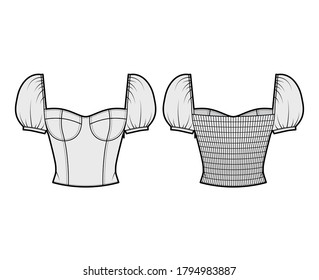 Jewel cropped shirred corset-style top technical fashion illustration with puffed shoulders, molded cups, close fit, shirred back. Flat apparel template front, back grey color. Women men, unisex shirt