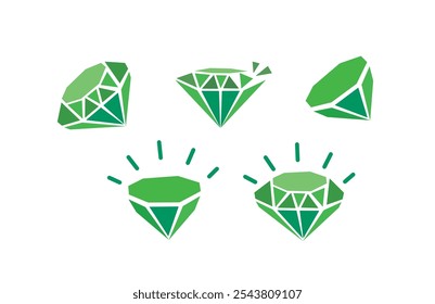  jewel, diamond icons. green on white background. Vector illustration. 